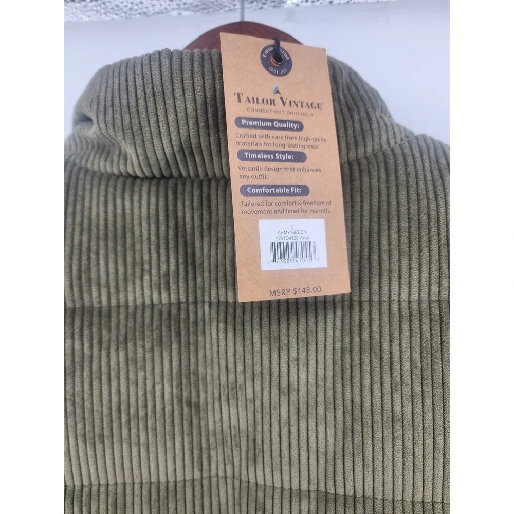Tailor Vintage Mens L Corduroy Puffer Vest Army Green Full Zip Pockets Outerwear